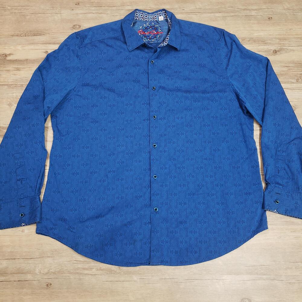 Robert Graham Shirt Mens 3XL Blue Damask Geometric Long Sleeve Button Up Casual